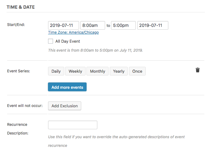 Event Calendar Reoccuring Dates