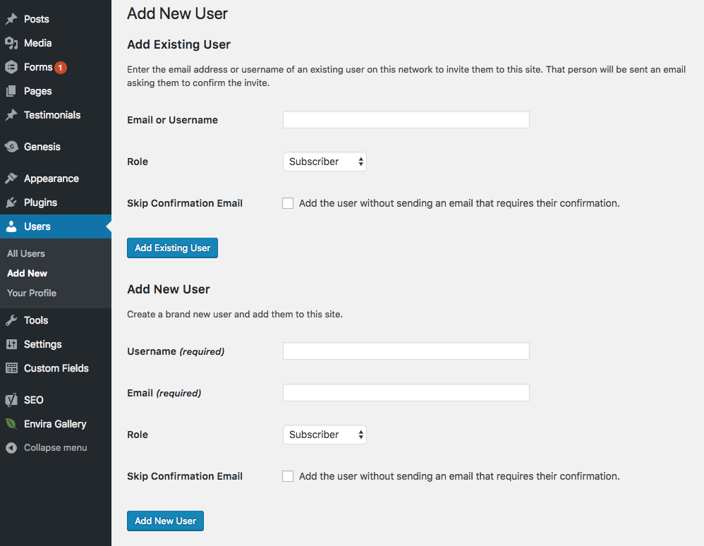 New User Screen to add existing user or New user