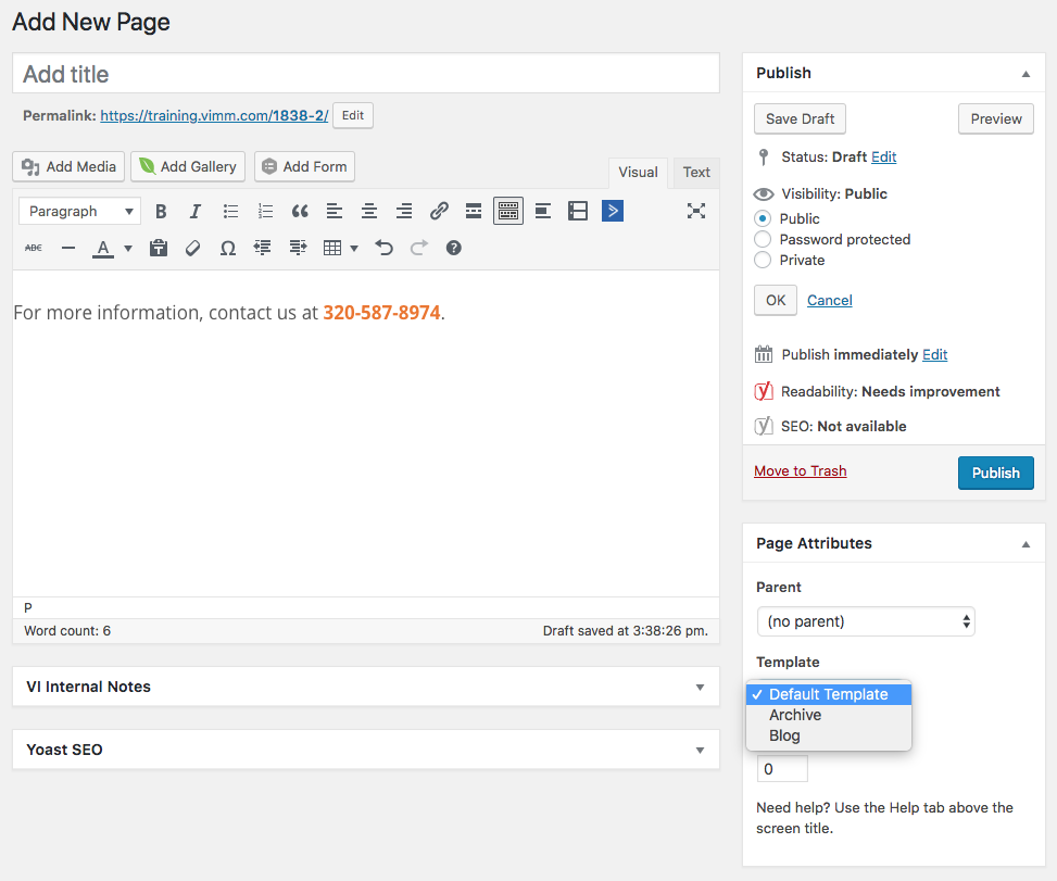 page template options within the page attributes section