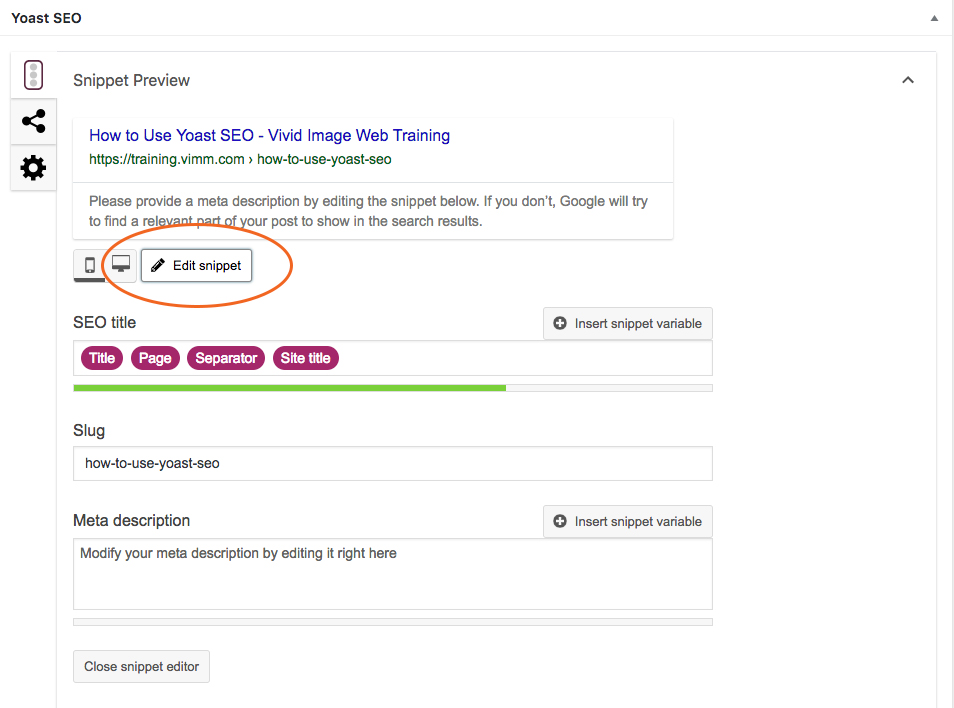 yoast edit snippet button
