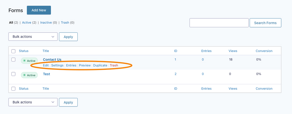gravity forms list settings