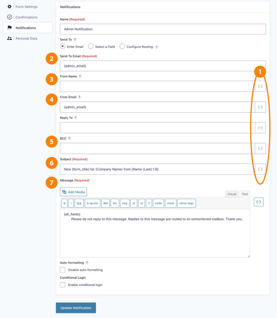 gravity forms notifications settings