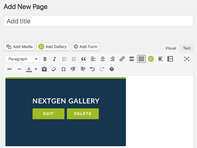 Add a gallery to your page and you will get a NexGen Gallery image box that appears in the editors window