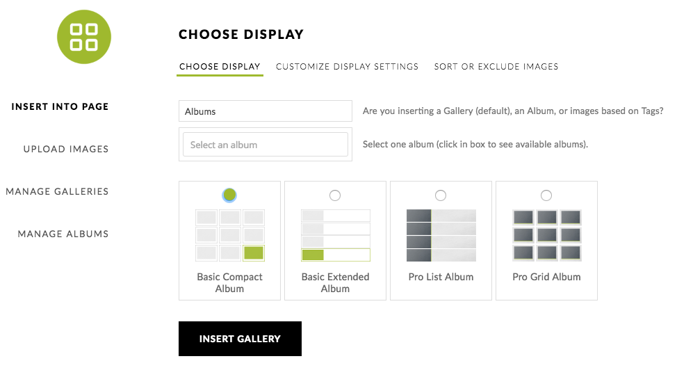 NexGen Gallery - choose display for albums and select what album style then click insert gallery
