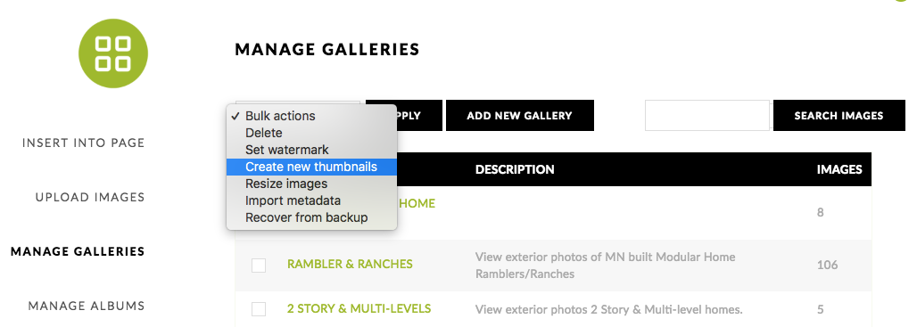 Manage galleries and select from bulk actions drop down