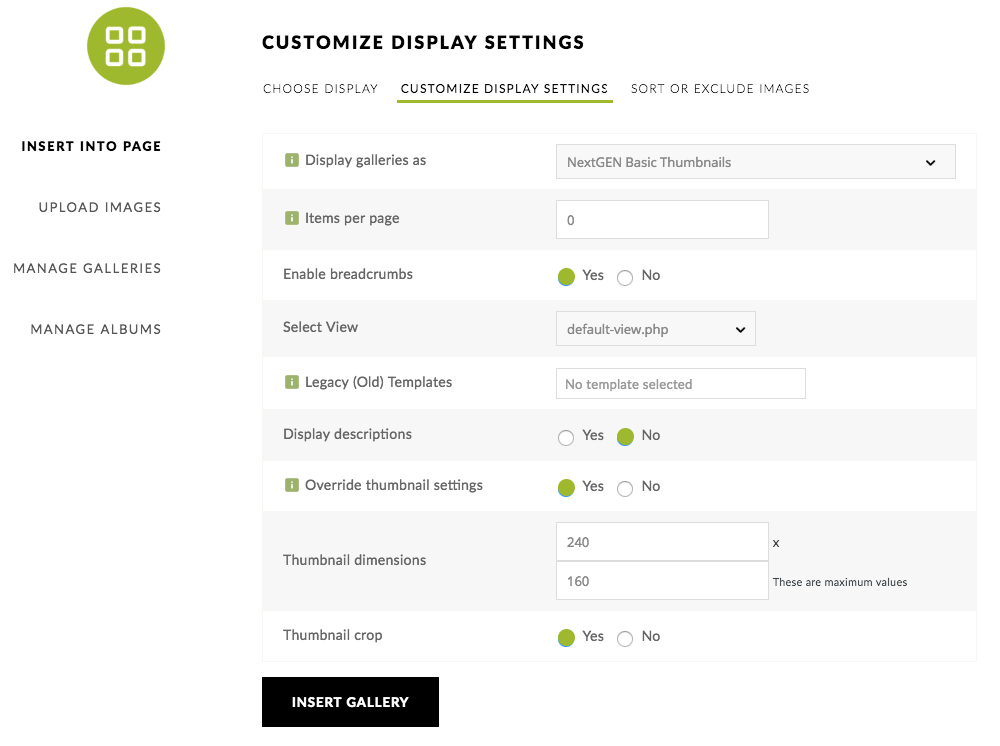 NexGen customize display settings screen