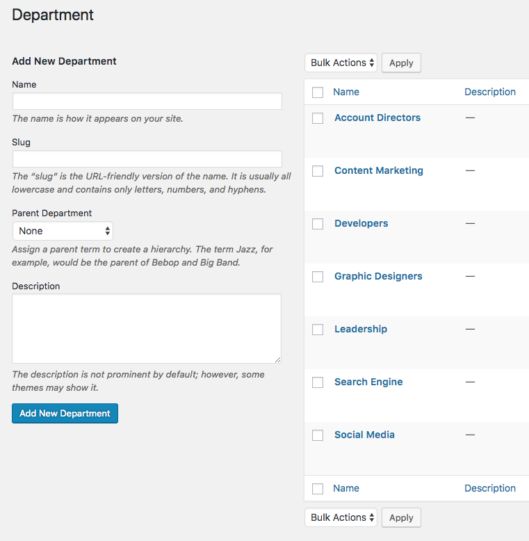 Creating a new department for a directory