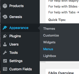 Dashboard Appearance then select Menus