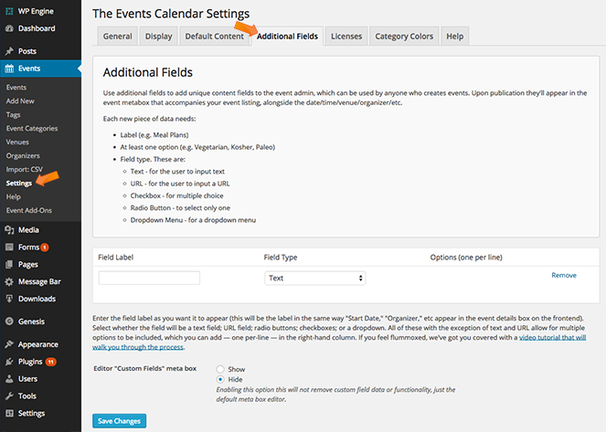 events calendar settings